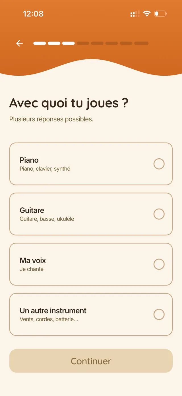 Choix de l'instrument à l'inscription dans Harmonia